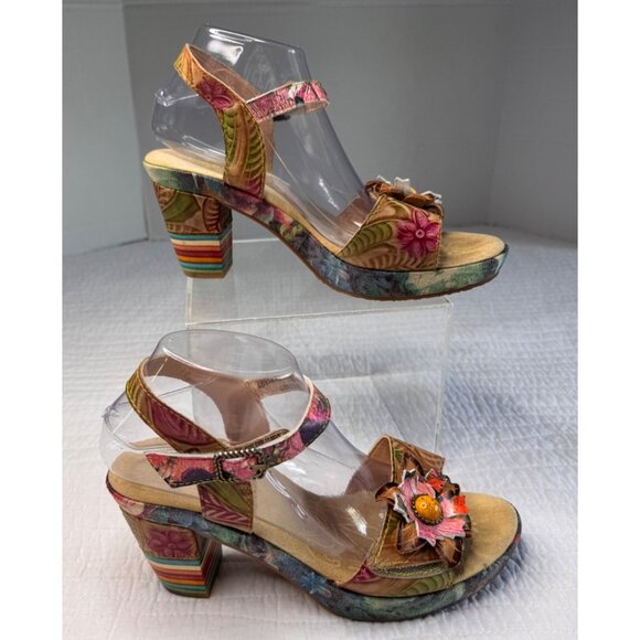 LArtiste Spring Step Floral Leather Platform Sandal Heel SZ 40/US 9 Multicolor - Picture 7 of 11